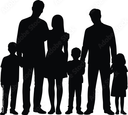 Family unity silhouette illustration showing parents and children together, symbolizing love, support, bonding, community, teamwork, and togetherness concept