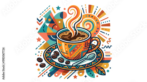 Vibrant colorful coffee cup with steam.