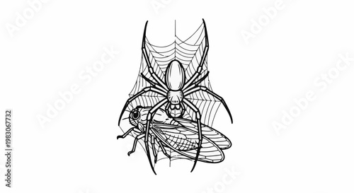 A spider waits patiently for its insect prey caught in a web