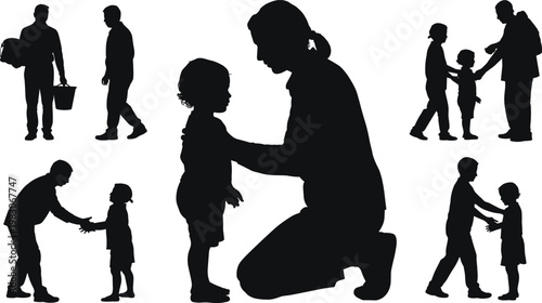 Silhouette illustration of adults and children interacting, symbolizing communication, care, guidance, family bonding, daily activities, and supportive relationships