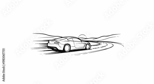 A sketch of a sports car drifting around a bend at sunset