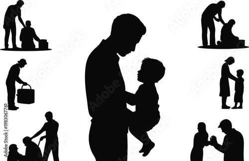 Silhouette illustration of compassion, empathy, and human support showing adults helping children and each other, symbolizing care, unity, connection