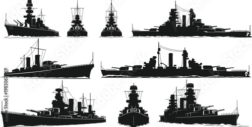 Silhouette collection of battleships and cruisers, naval warship outlines, military fleet vessels, side and front views, maritime defense illustration