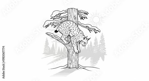 A spotted feline descends a pine tree in a wintry forest landscape with sun