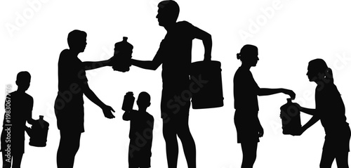 Silhouette illustration of community teamwork passing water containers, symbolizing cooperation, humanitarian aid, resource sharing, unity, support, family effort