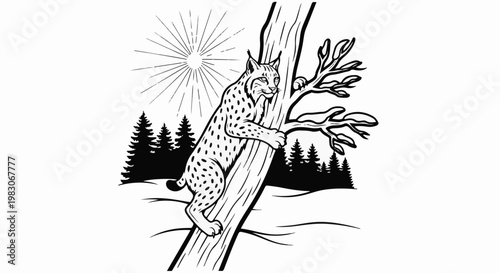 A spotted cat climbs a tree in a snowy forest under a radiant sun