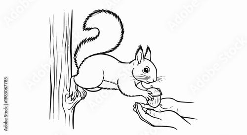 A squirrel takes an acorn from cupped hands next to a tree