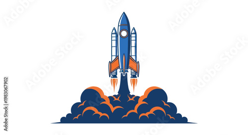 Illustration of a rocket launching into space with fiery smoke.