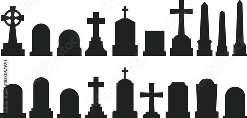 Gravestone silhouettes collection, tombstone vector art, cemetery monument illustration, memorial design icons, funeral symbol set, death remembrance graphic