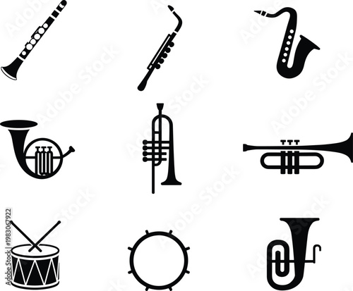 Musical instrument silhouettes, wind and percussion vector, orchestra illustration, band equipment design, clarinet saxophone trumpet trombone tuba drum art