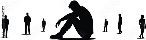 Silhouette illustration of solitary seated figure surrounded by standing people symbolizing isolation, loneliness, separation, individuality, reflection, emotional distance, society