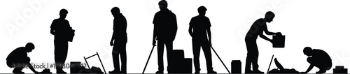 Silhouette illustration of workers performing manual tasks, symbolizing teamwork, labor, construction, occupational safety, productivity, industry, and human effortSilhouette illustration