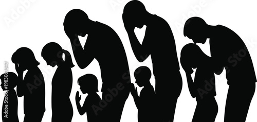 Silhouettes of distressed people standing in line, bowed heads, emotional reflection, empathy, generational connection, contemplative posture vector illustration design