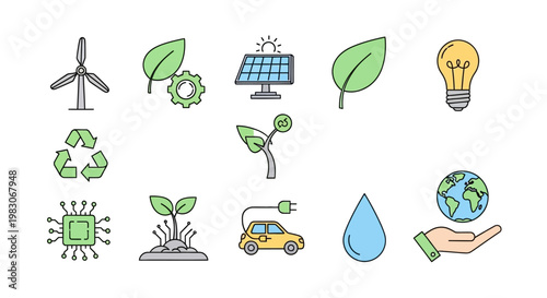 Green energy and environmental protection line icons set