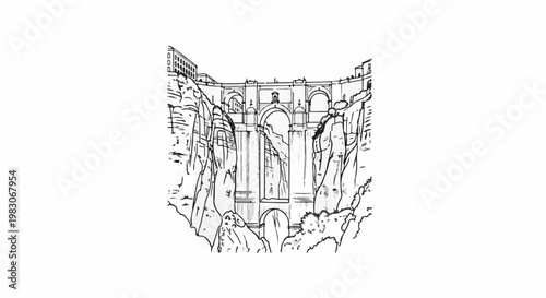 A sketch of a grand bridge spanning a deep canyon with buildings atop