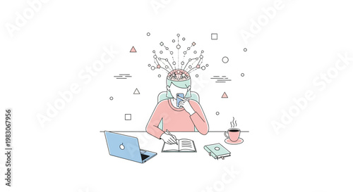 Woman multitasking and processing information in a modern workspace.