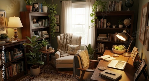Cozy Home Office with Desk and Bookshelves.