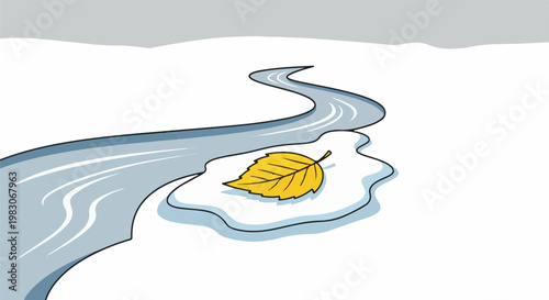 A solitary yellow leaf rests on an icy patch beside a winding blue stream