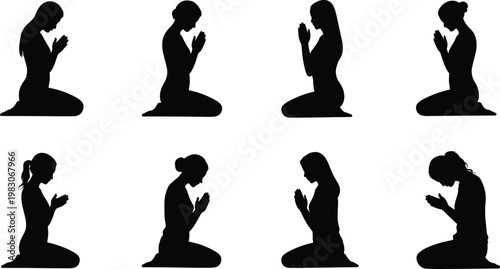 Silhouettes of kneeling people in prayer meditation poses showing cultural devotion, spiritual practice, contemplation, and mindfulness vector illustration