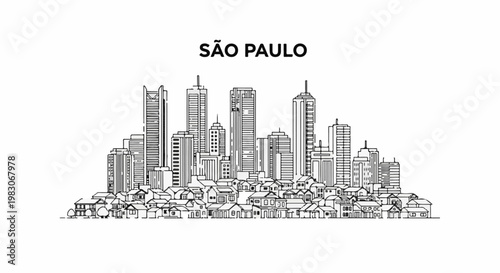 A stylized black and white drawing of a city skyline with tall buildings and smaller houses