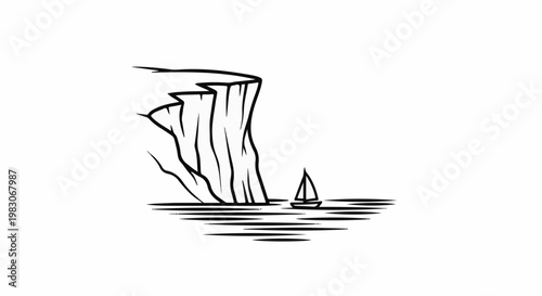 A solitary sailboat navigates calm waters near a majestic cliff face