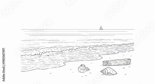 A solitary sailboat glides across a calm sea above textured waves on a sandy shore