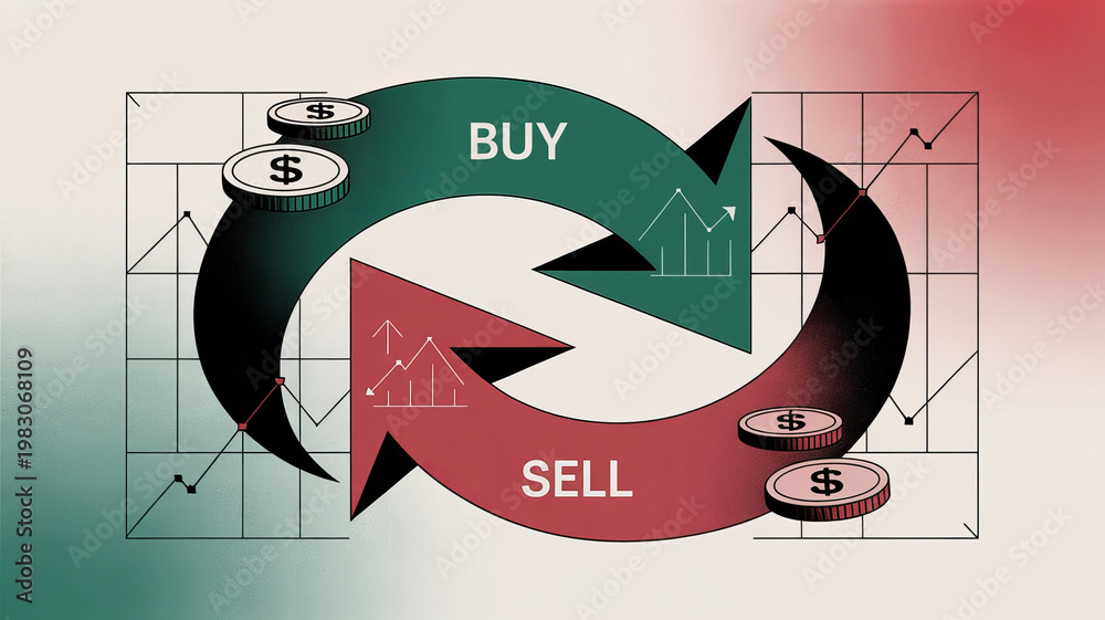 Obraz premium Stock Market Dynamics: A graphic representation of market volatility, depicting the cycle of buying and selling with ascending and descending trends, all underscored by the presence of currency