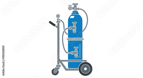 Blue industrial gas cylinder on a metal transport trolley isolated on white background