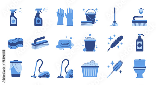 Blue cleaning service and housekeeping supply icons set