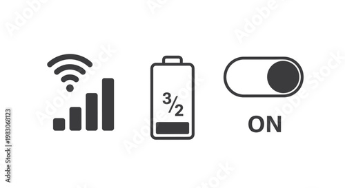 Digital user interface icons for signal strength, battery level, and toggle switch.