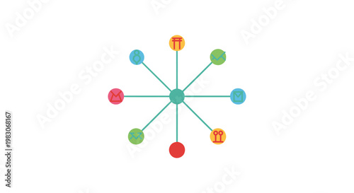 Colorful social network icon diagram representing global digital communication and connectivity.