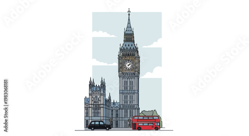 Stylized illustration of a historic clock tower and urban city scene in a European capital