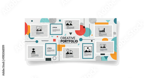 Modern creative portfolio layout with abstract geometric shapes and image placeholders.
