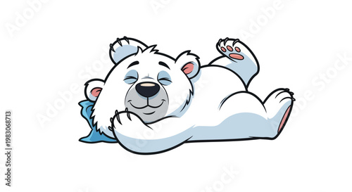 Cute cartoon polar bear sleeping peacefully on a blue pillow, happy and relaxed.