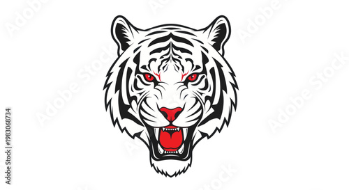 Fierce White Tiger Head Roaring, Aggressive Red Eyes, Tribal Style