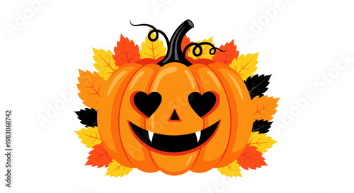 Halloween Pumpkin with Heart Eyes and Autumn Leaves
