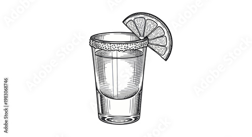 Hand-drawn sketch of a tequila shot glass with salt rim and lime wedge