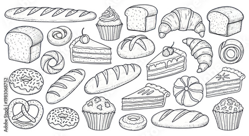 Hand-Drawn Bakery Collection: Breads, Pastries, Cakes, and Muffins