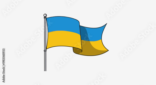 A stylized Ukrainian flag waves gently on a pole against a white background