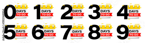 Calendar countdown collection with days to go promotional labels. Includes numeric banners and date elements