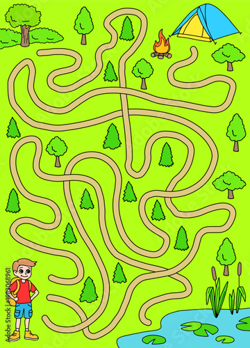 Camping maze graphic color sketch vertical illustration vector 