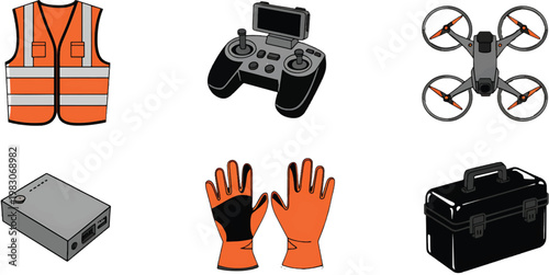 Collection of safety and equipment items including a hi-vis vest, drone remote, drone, protective gloves, and carrying cases for professional field work. vector eps
