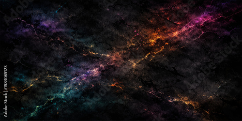 An abstract space background features a cosmic nebula galaxy with fractal textures and glowing stars across a red and orange universe of science fiction flames and smoke