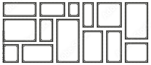 Postage frame collection with various blank stamp shapes and borders. Includes different rectangular formats for templates and layouts