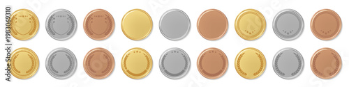 Medal coin collection with gold silver and bronze award badges. Includes round shapes with laurel wreath elements