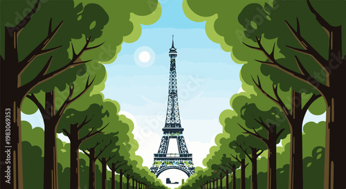 A stylized view of the Eiffel Tower through a leafy avenue on a bright day