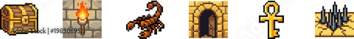 Vector set of dungeon artifacts, treasure, and dangerous traps.