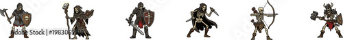 Pixel art vector set of skeleton warriors and undead fighters.