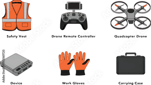Collection of safety and equipment items including a hi-vis vest, drone remote, drone, protective gloves, and carrying cases for professional field work. vector eps
