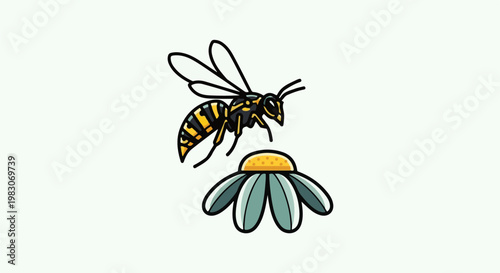 A stylized wasp hovers over a simple daisy